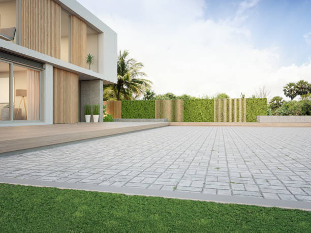 3d rendering of green grass lawn in modern home.